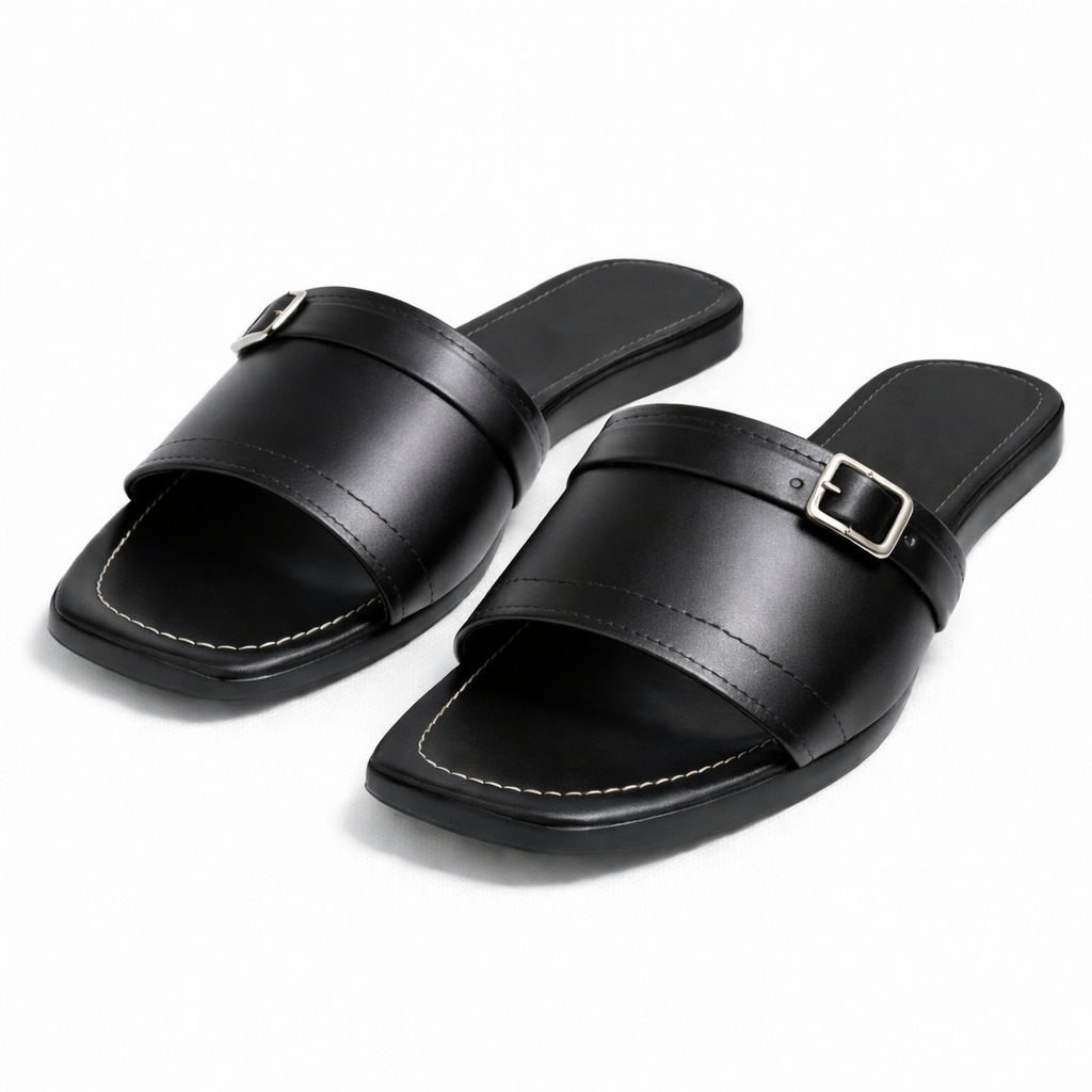 Black Leather Slide Sandal with Embossed Strap and Metallic Buckle