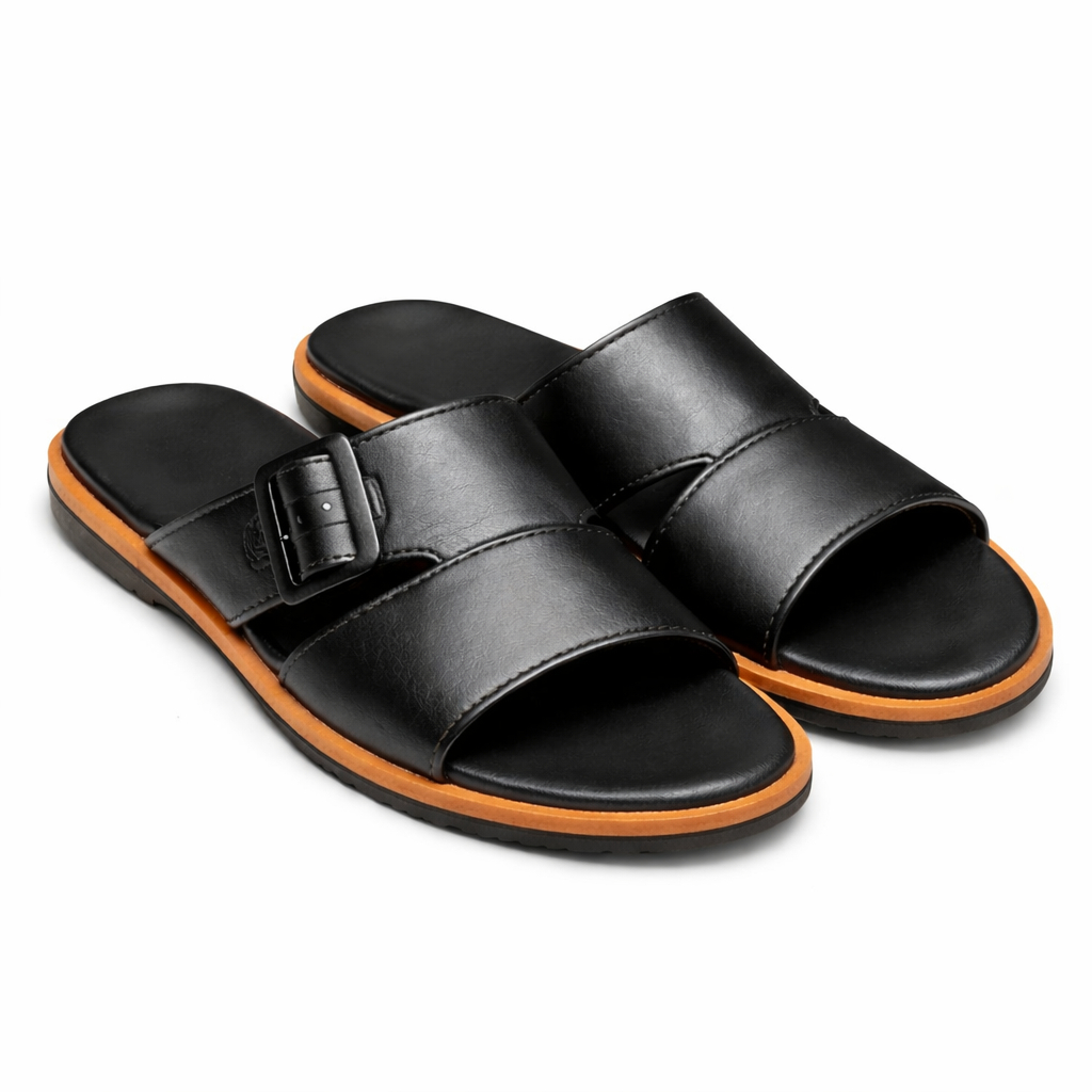 Open Toe Slip On Leather Sandals with buckle embellishment