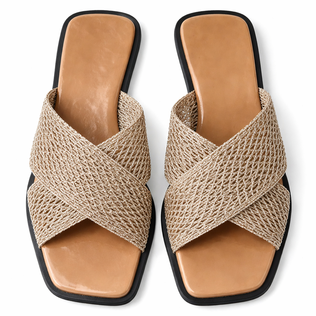 Woven Mesh Cross Strap Flat Slide Sandals for Women