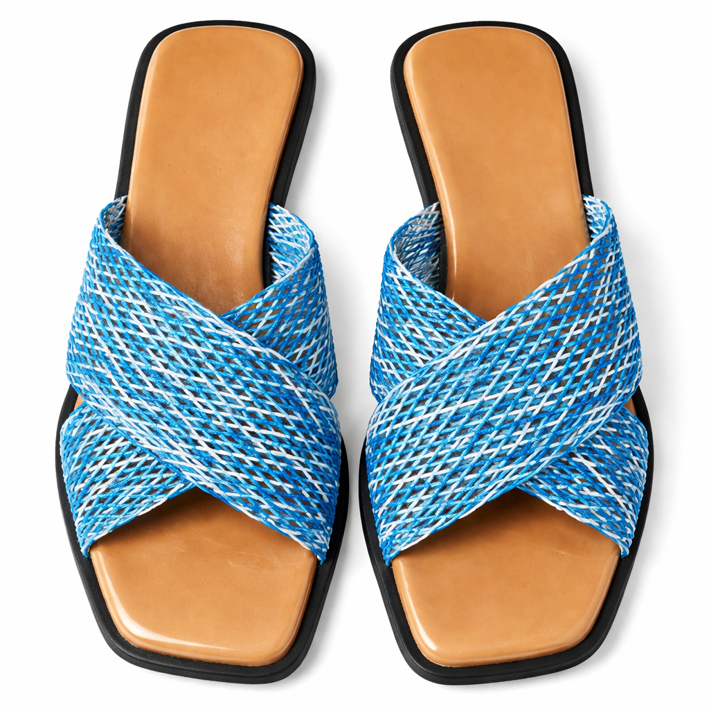 Blue Woven Cross Strap Flat Slide Sandals for Women