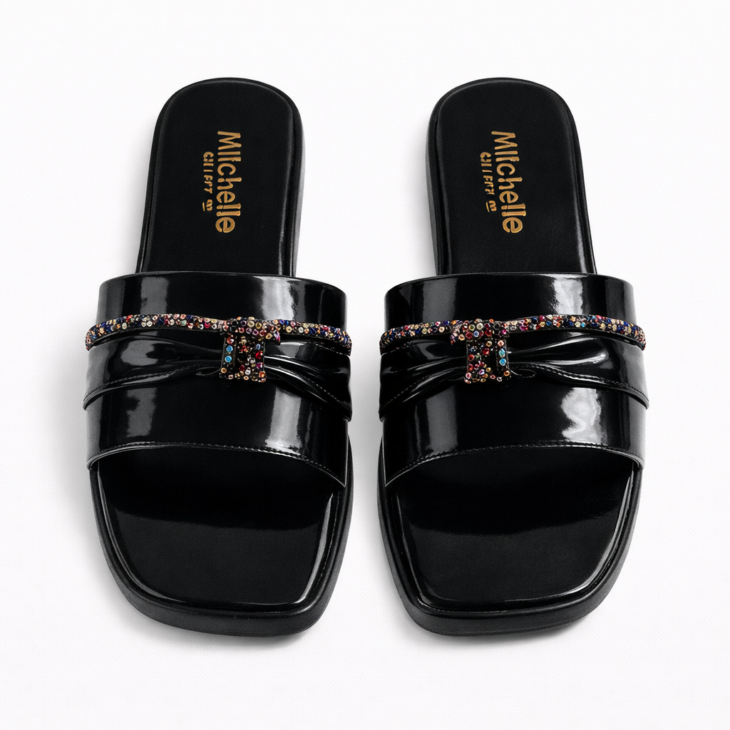 Elegant Black Slip On Sandal with decorative multicolour rhinestones