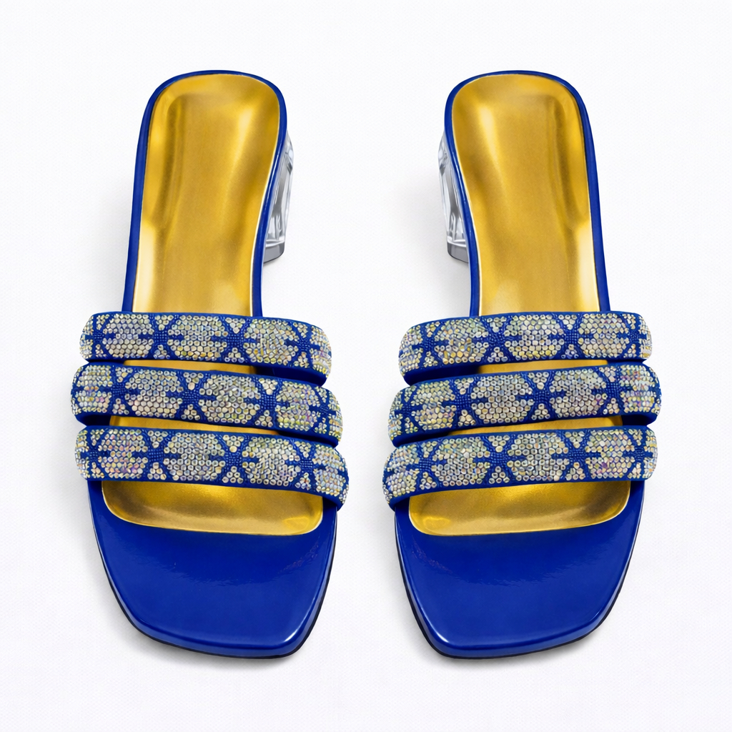 Royal Blue Open Toe Slip On block heel with Rhinestone Embellishments