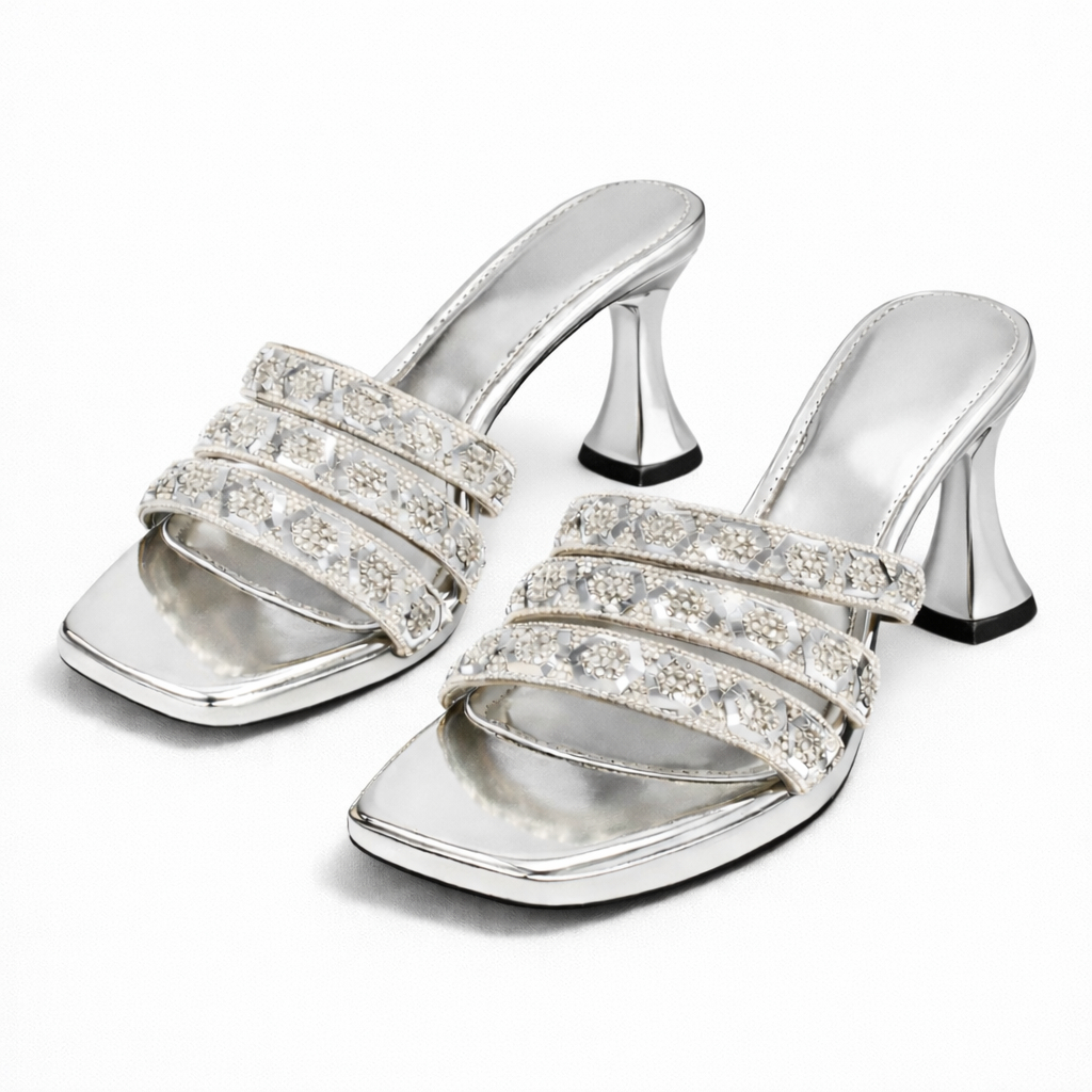 Metallic Silver Open Toe Slip On Sandals with Rhinestone Embellishments