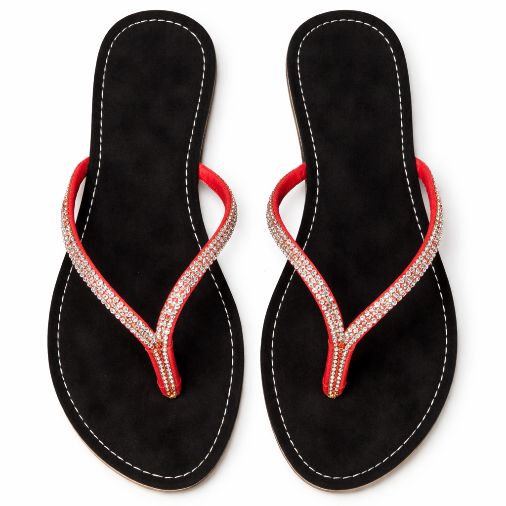 Red Crystal Strap Flat Flip Flop Sandals for Women
