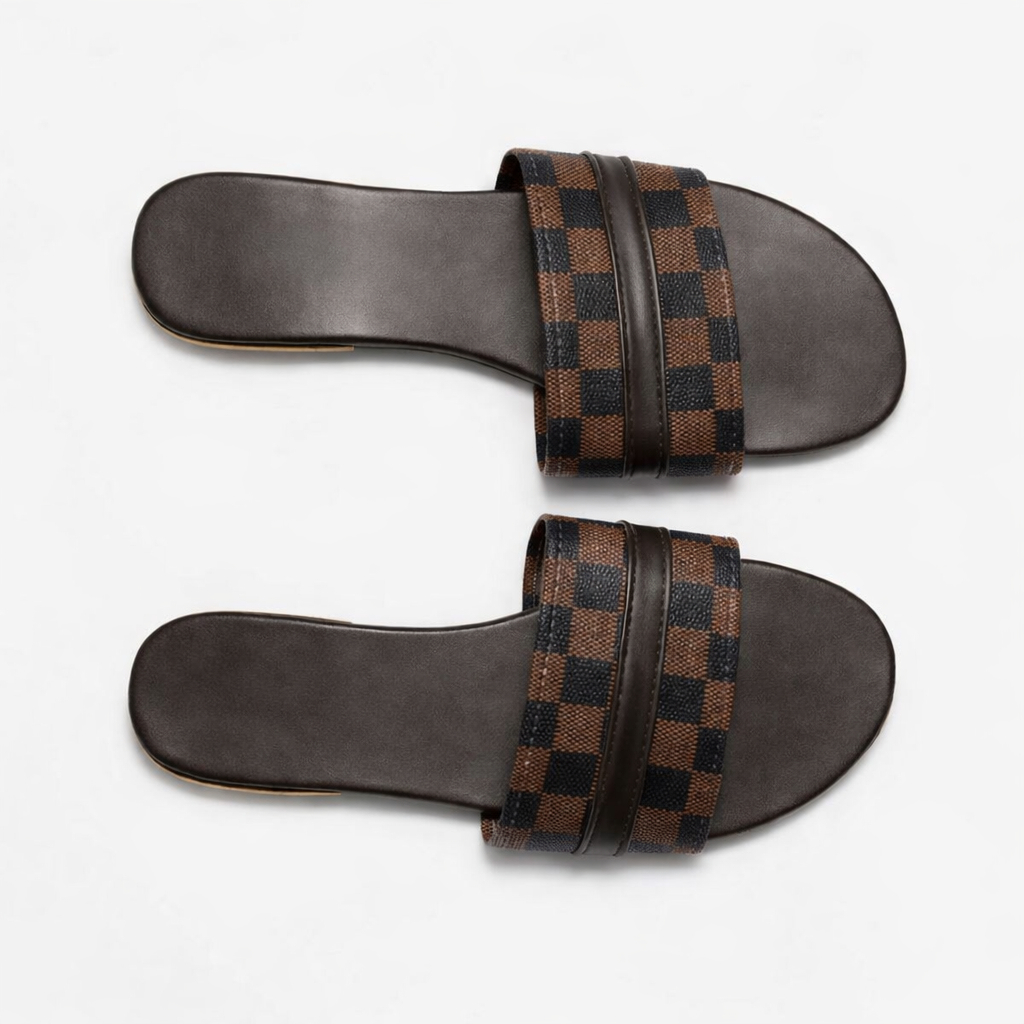 Women Flat Slide Sandals with Checkered Strap