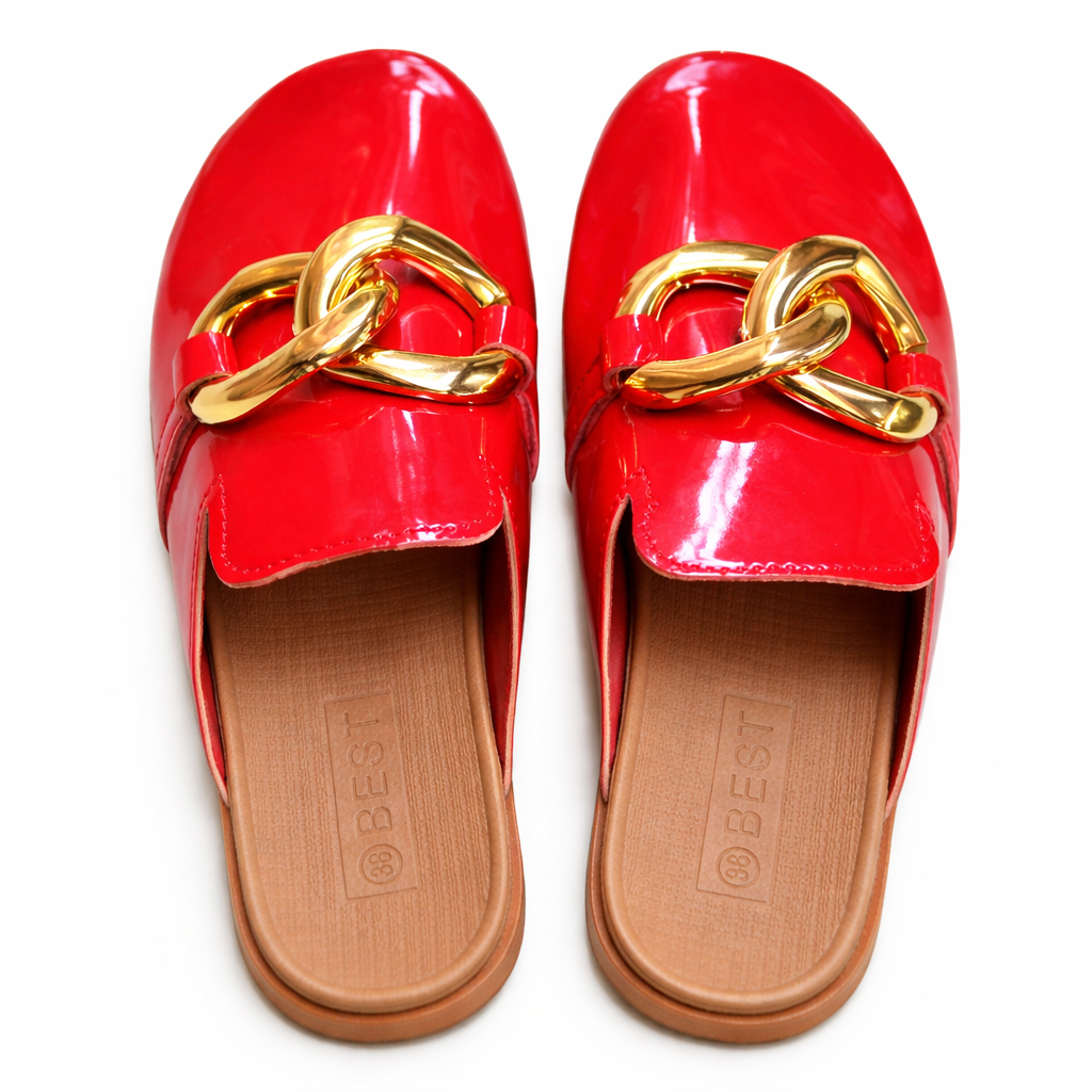 Glossy Red Flat Mule Slides with Gold Chain Detail