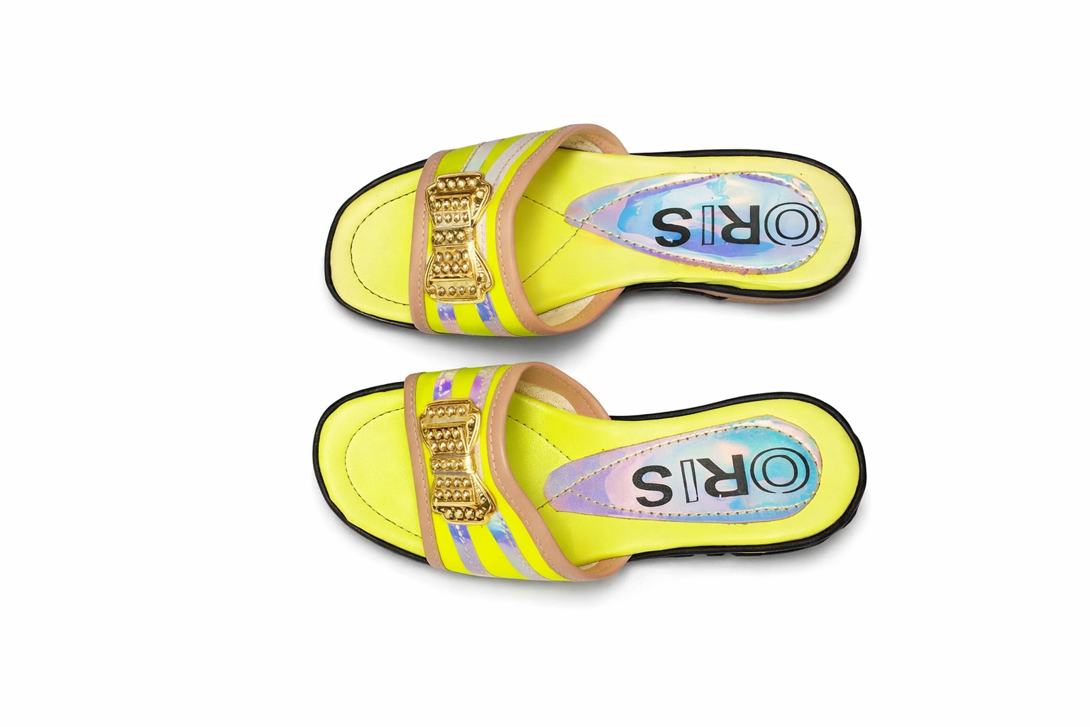 Women yellow Open Toe Flat Slide Slippers with Decorative Strap