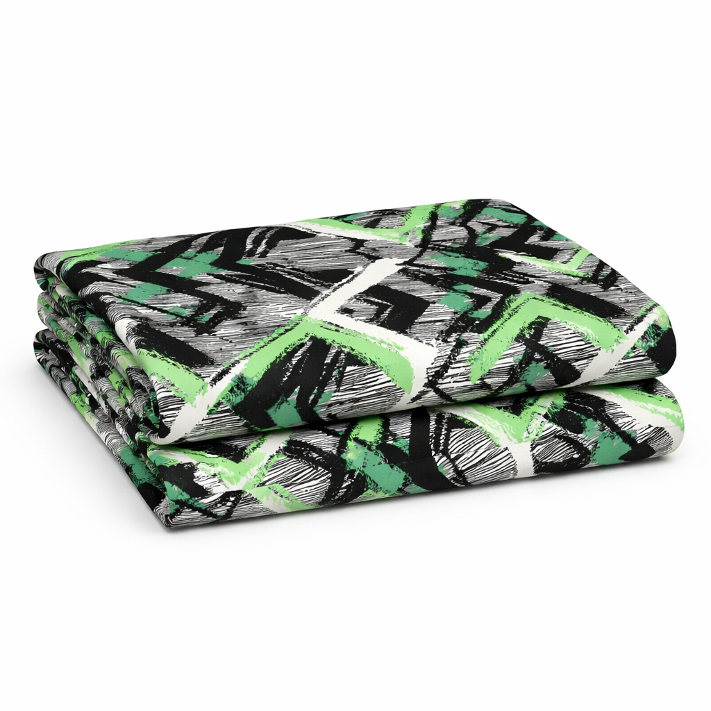 Green and  Black Abstract Zigzag Print Fabric