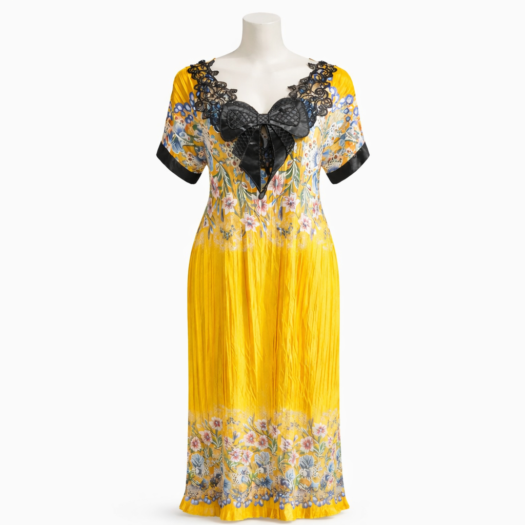 Yellow Floral Pleated Maxi Dress with Lace Bow Detail