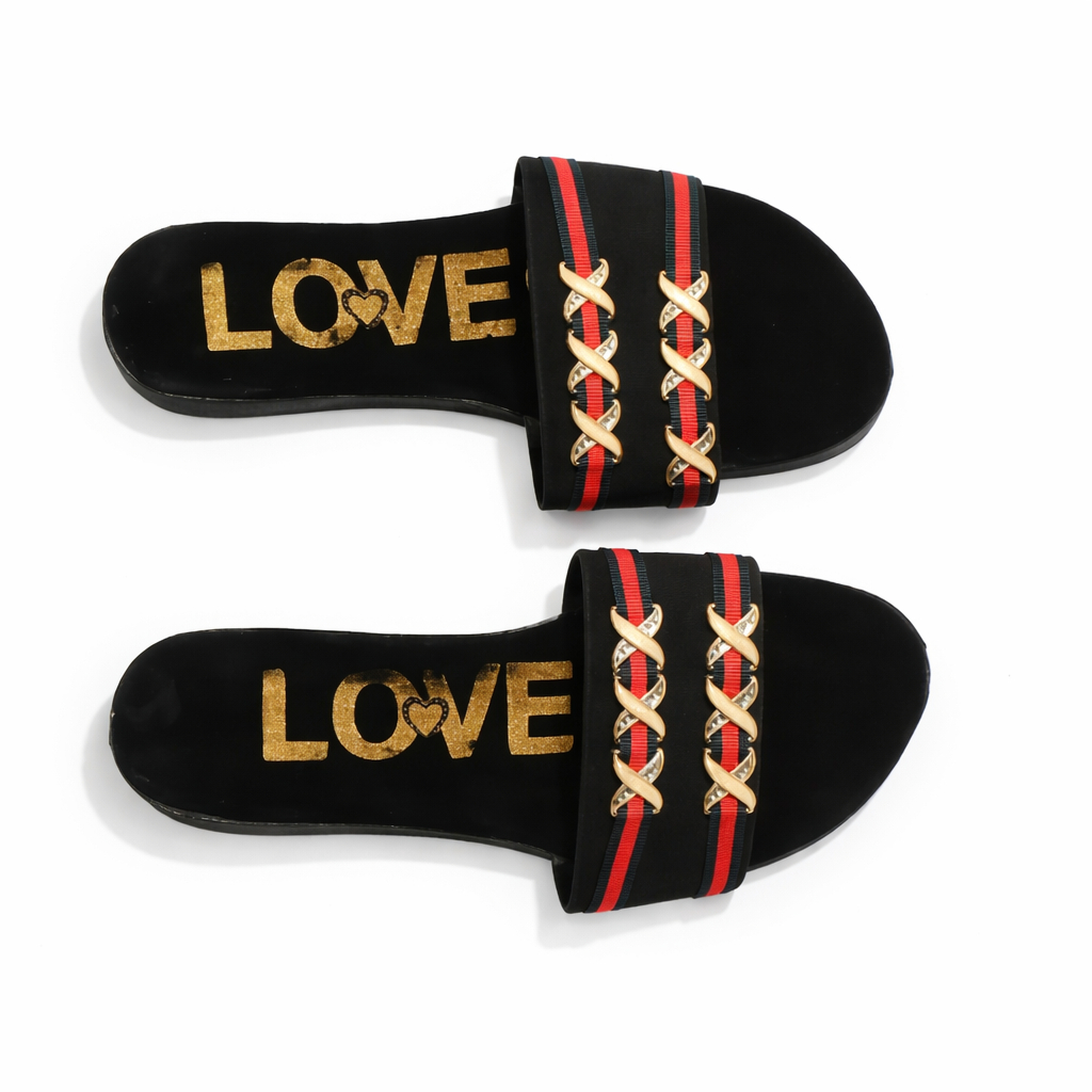 Women Flat Slide Slippers with Decorative web Strap design