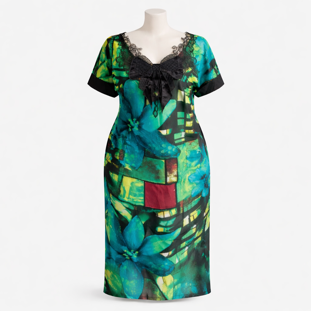 Green Abstract Print Knee Length Dress with Lace Bow Neckline