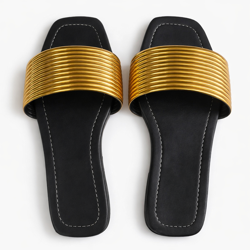 Gold Ribbed Slide Sandals Minimal Flat Slip On