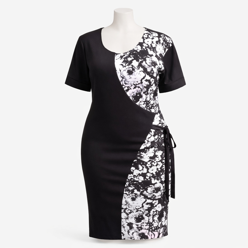 Black and White Floral Panel Knee Length Wrap Style Dress