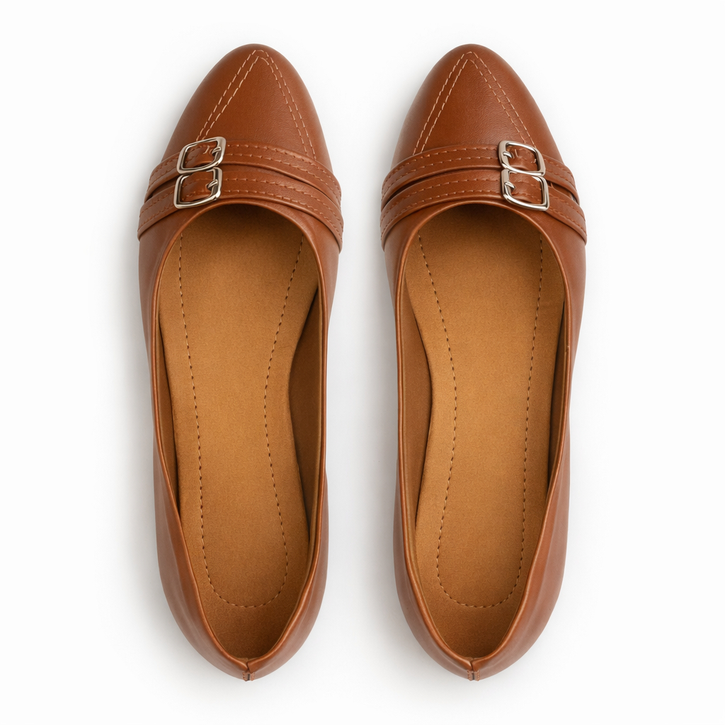 Women Brown Pointed Toe Flat Shoe with Buckle Detail