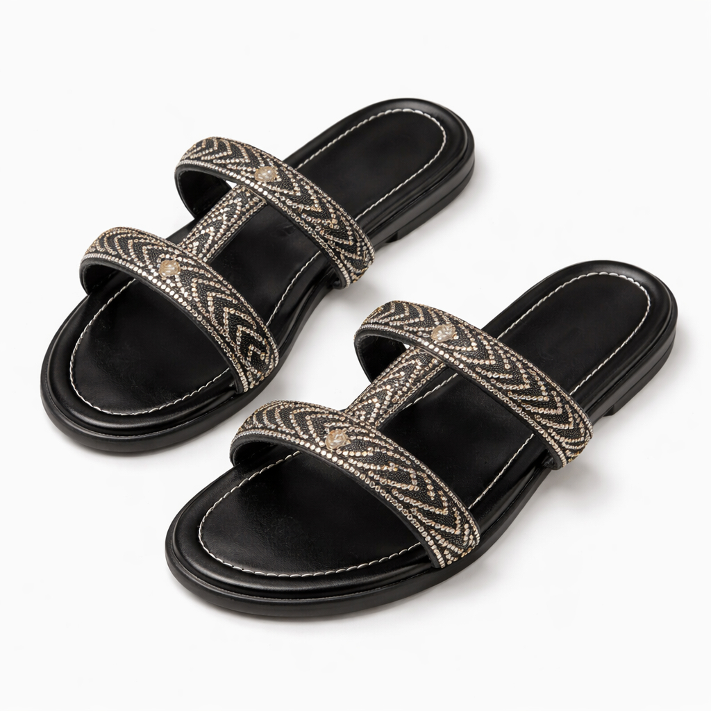 Women Flat Slip On Sandals with Decorative Rhinestone Straps