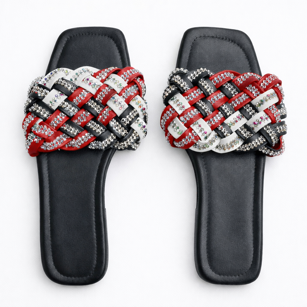 Women Rhinestone Braided Flat Slide Sandals