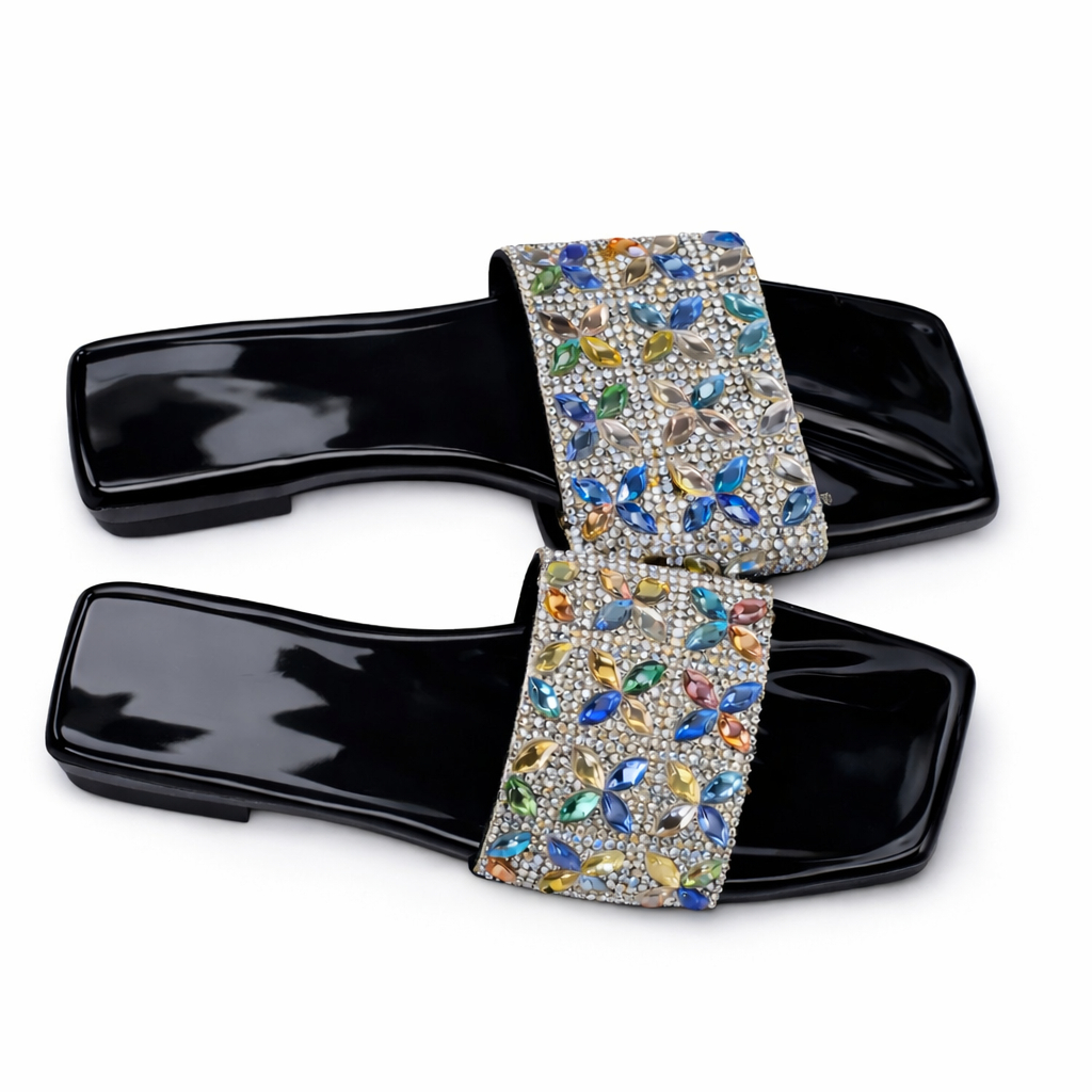 Elegant Multicolor Crystal Embellished Flat Slide Sandals