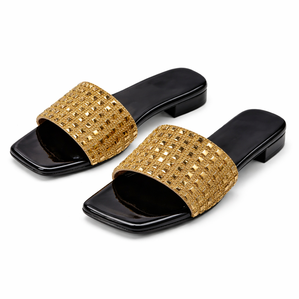 Gold Studded Flat Slide Sandals