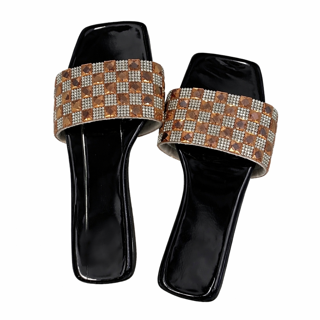 Bronze and Silver Studded Flat Slide Sandals