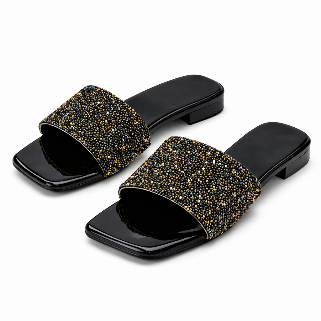 Black and gold Crystal Studded Flat Slide Sandals