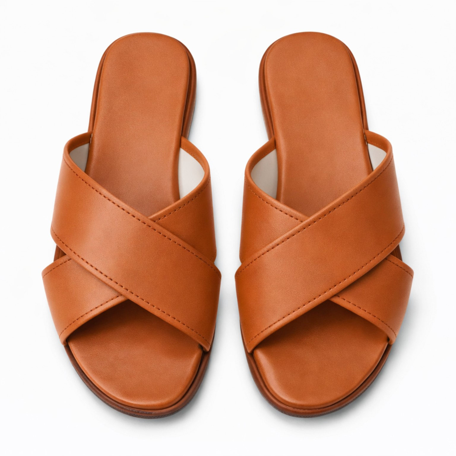 Women Brown Cross Strap Slip On Sandals