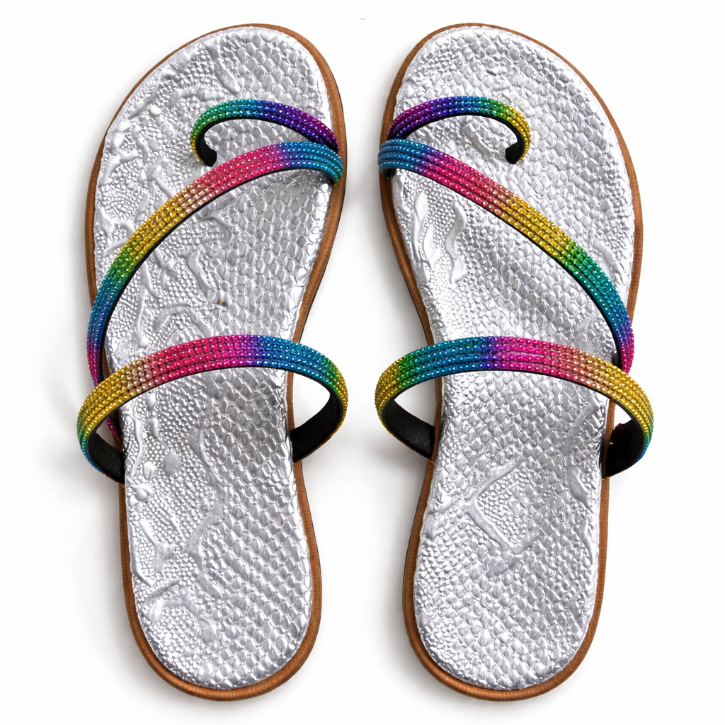 Rainbow Crystal Strap Flat Sandals with Textured Silver Footbed
