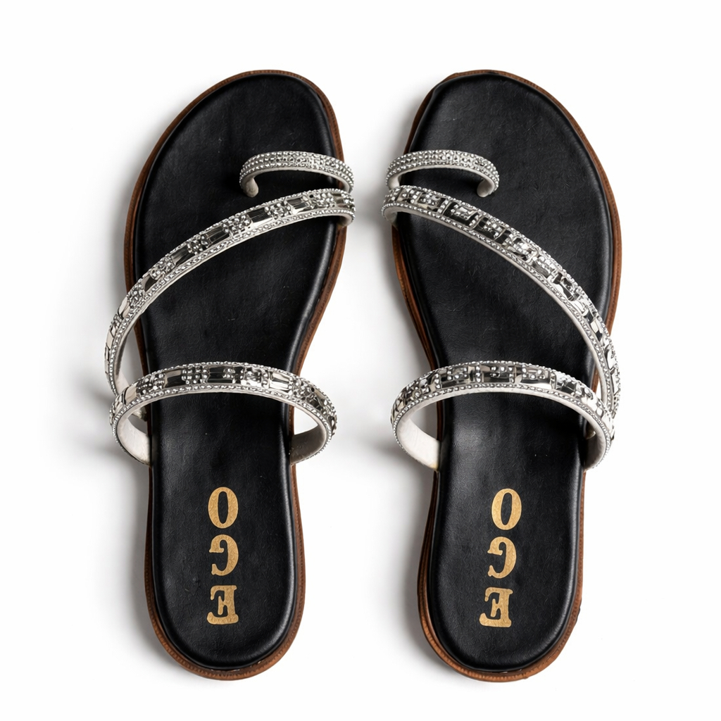 Crystal Double Strap Flat Sandals with Black Footbed