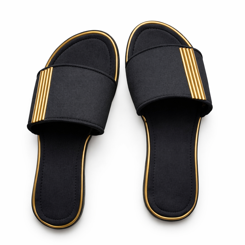 Women Flat Slide Sandals with Metallic Accent Strap