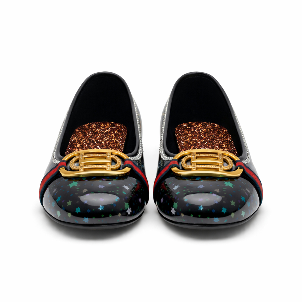 Women Glossy Flat Shoes with Decorative Buckle