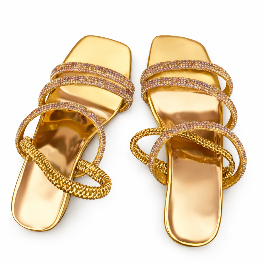 Women Gold Rhinestone Block Heel Slide Sandals