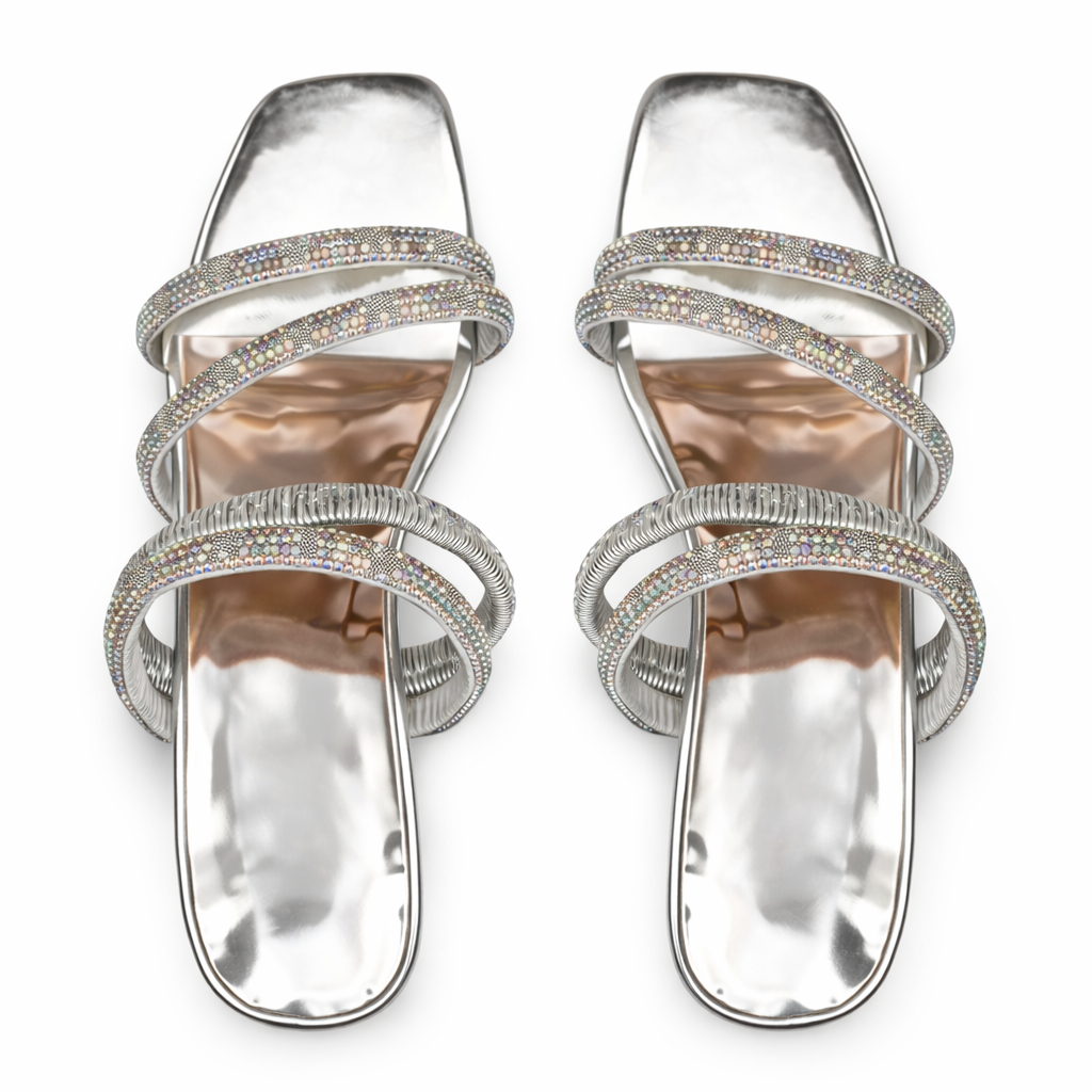 Women Rhinestone Triple Strap Flat Slide Sandals