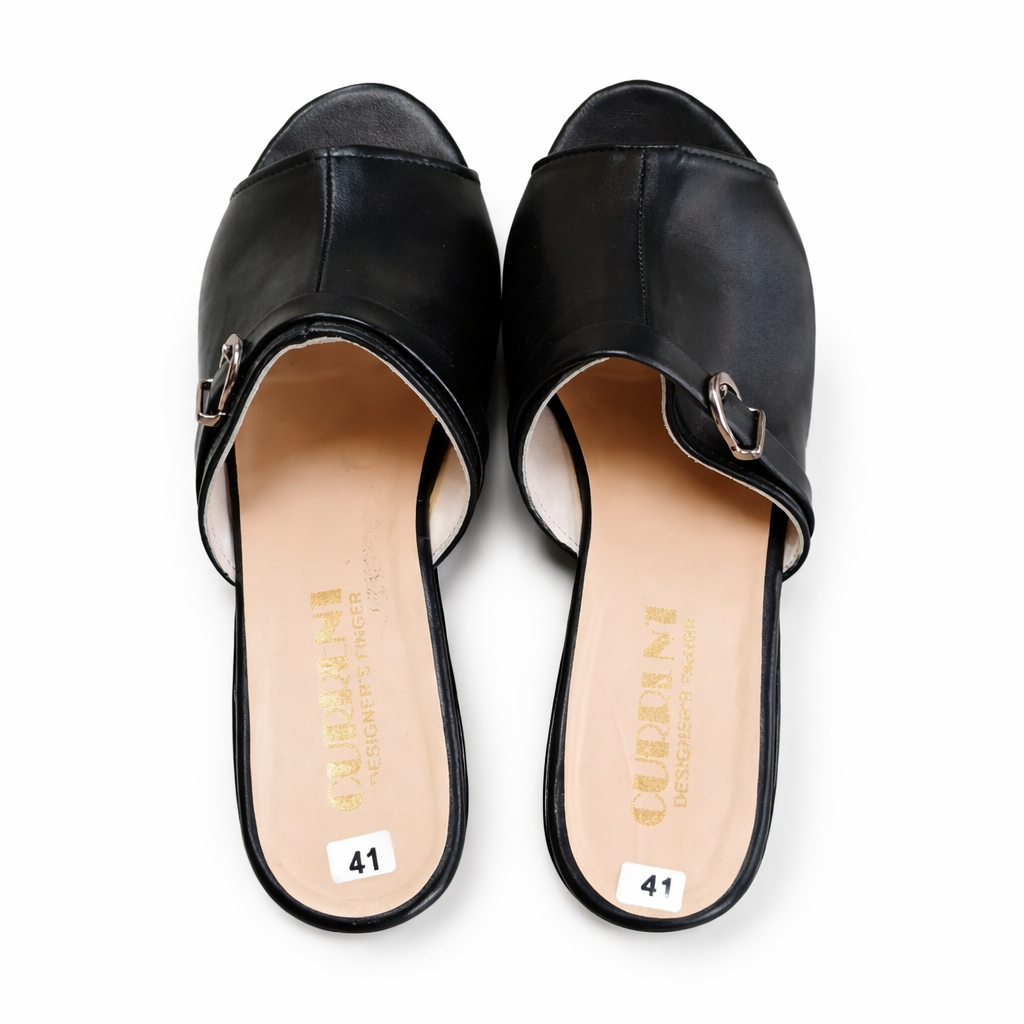 Women Black Wedge Slip On Sandals