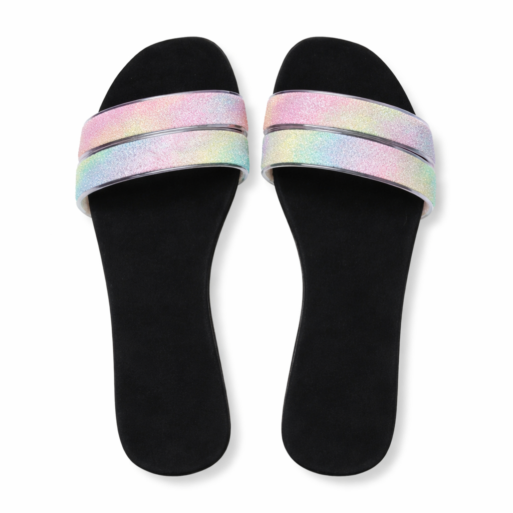 Rainbow Glitter Strapped Flat Slide Sandals
