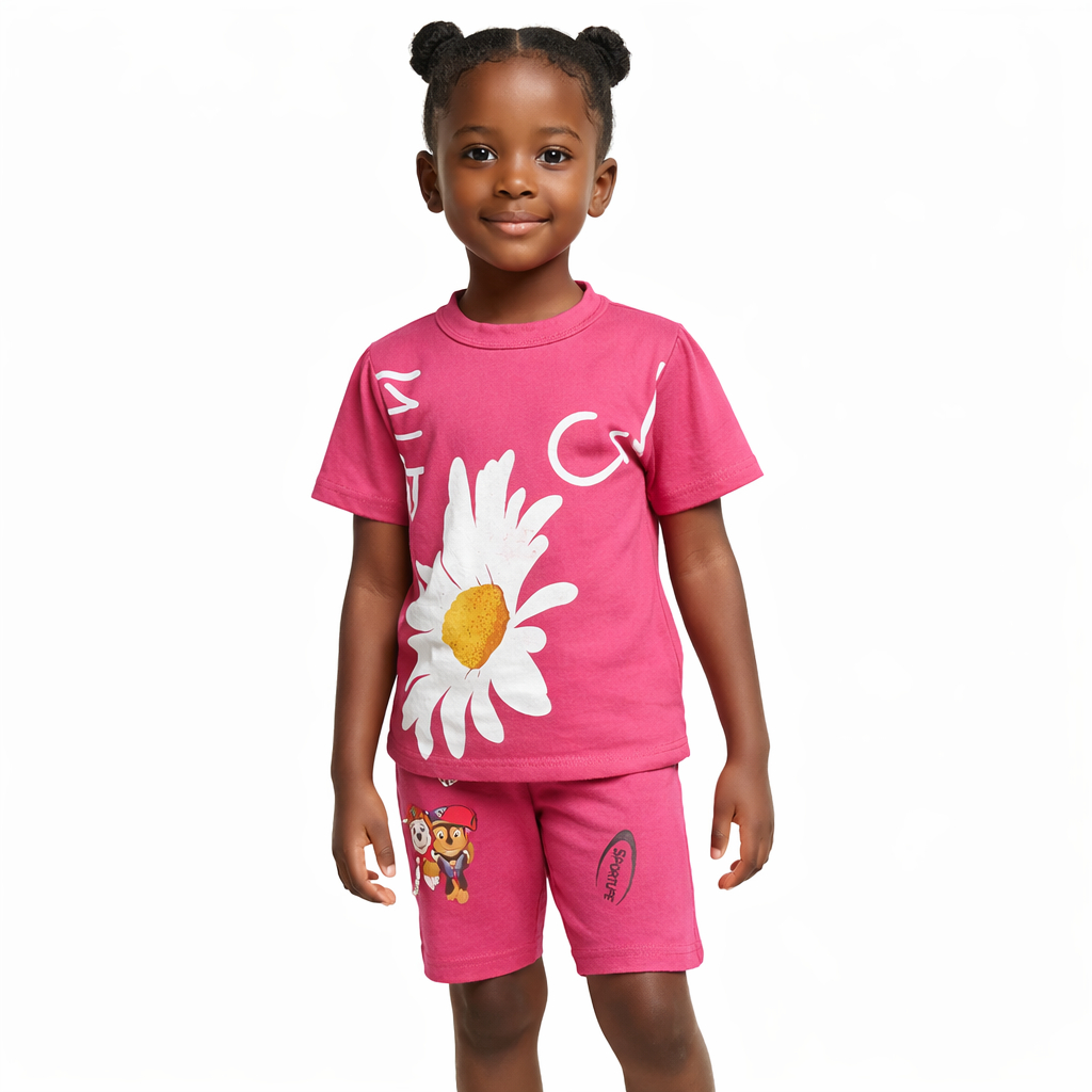 Kids Pink Two Piece Short Sleeve Top and Shorts Set