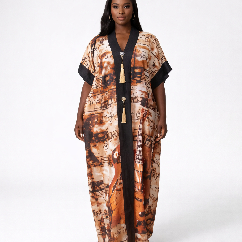 Printed Long Kaftan Dress with Tassel Front