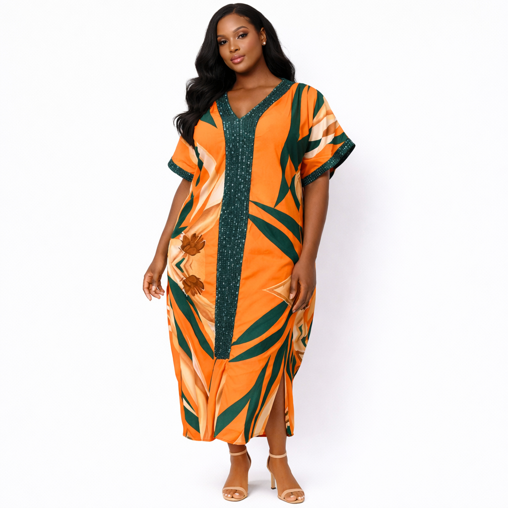 Printed Short Sleeve V Neck Womens Dress with Contrast Panel