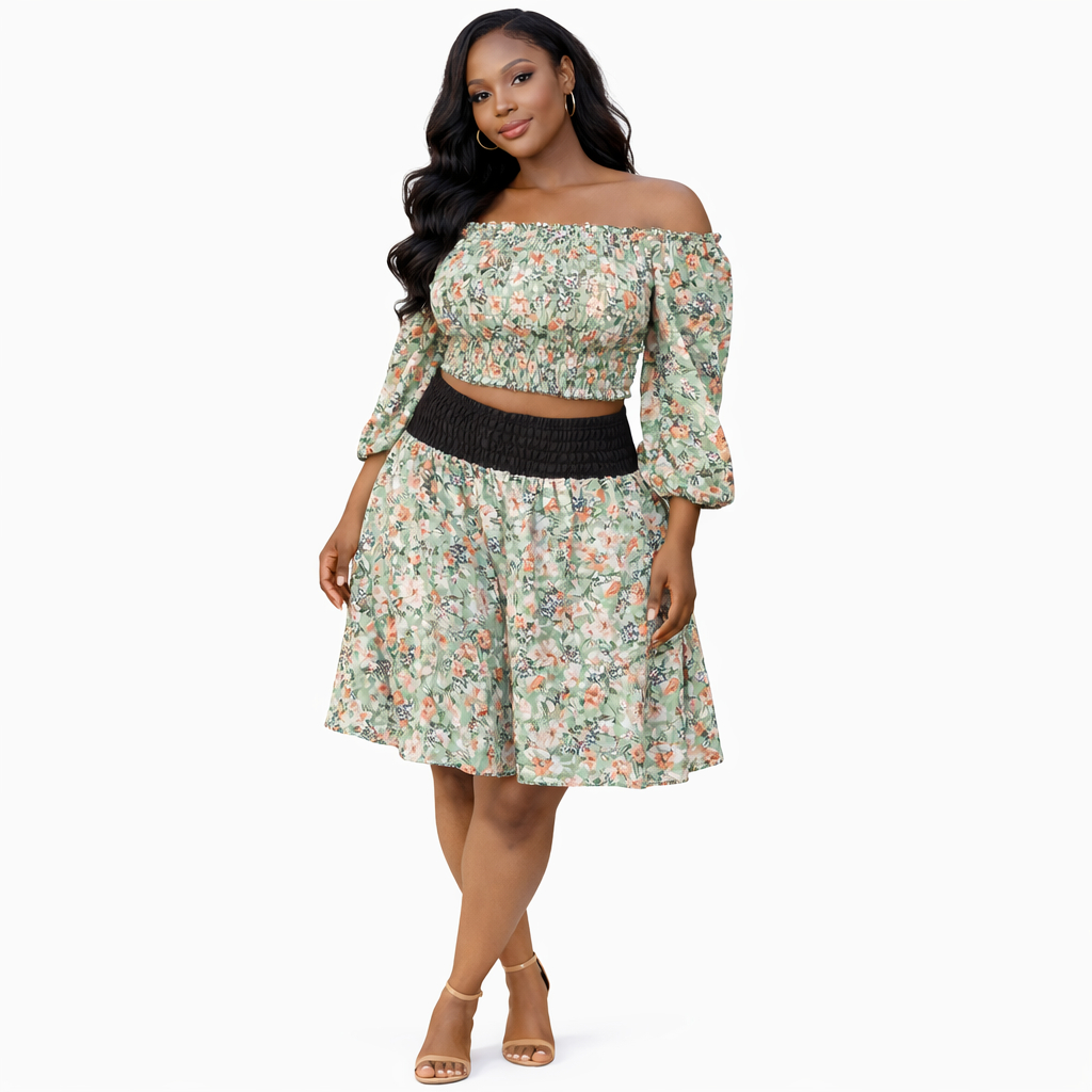 Floral Off Shoulder Smocked Top and Skirt Set