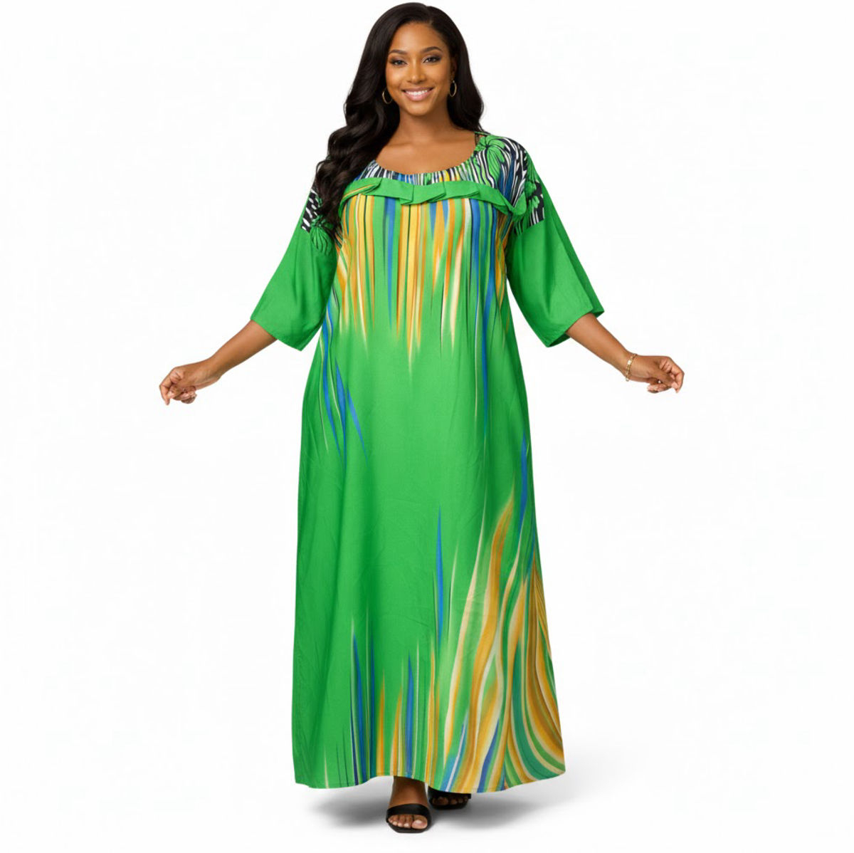 Green Maxi Dress with Multicolor Vertical Print