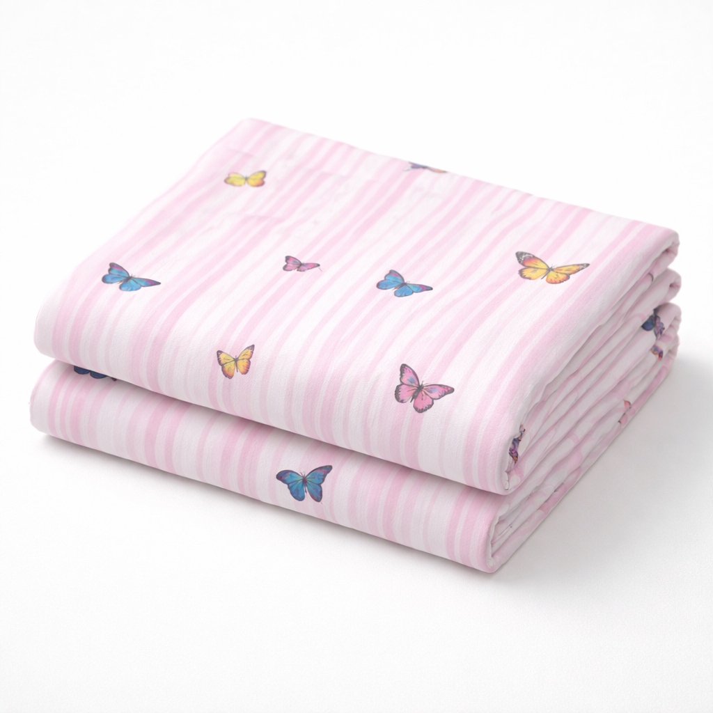 Printed Cotton Fabric with Pink Stripes and Butterfly Pattern