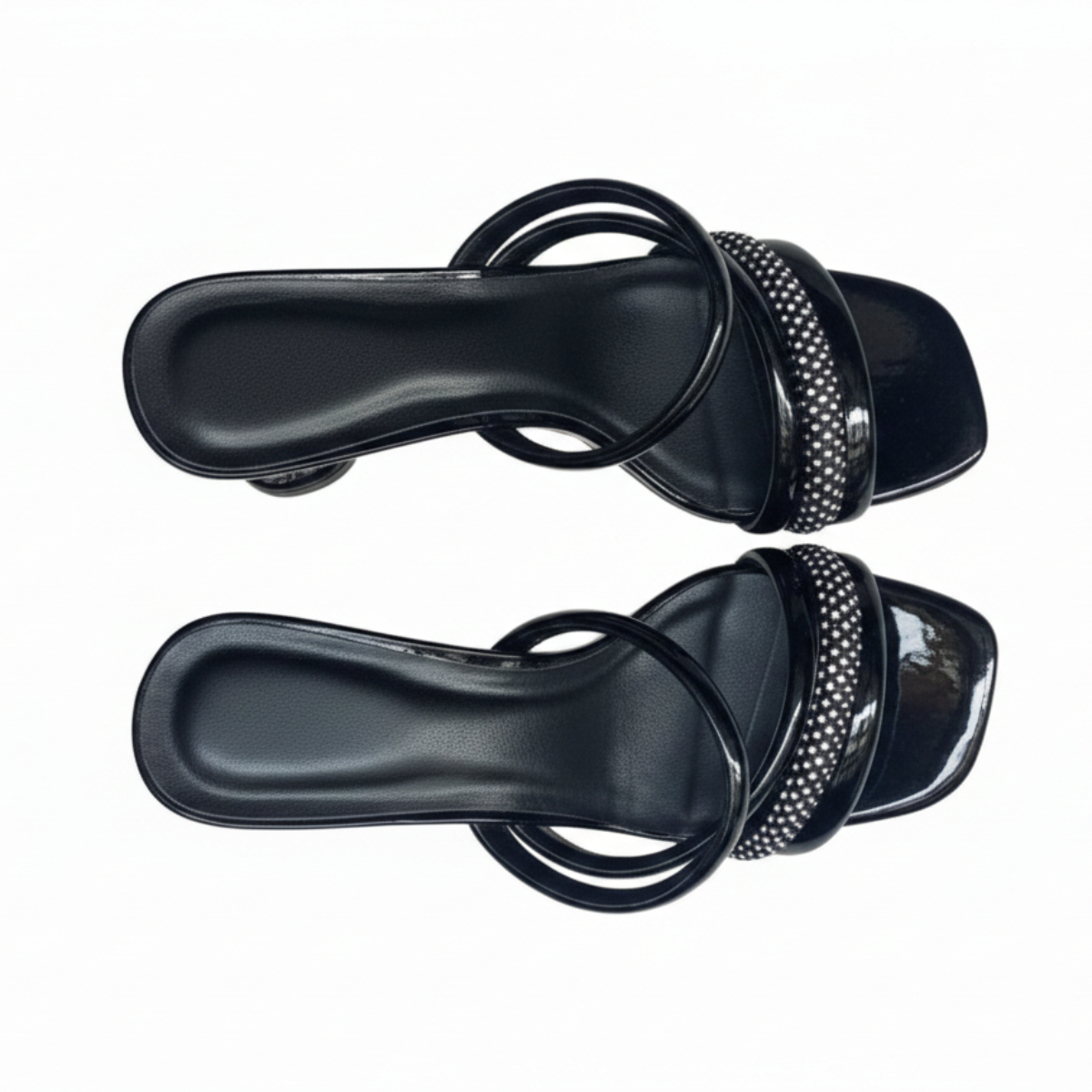 Black Strappy Mid Heel Sandals with Embellished Front Strap