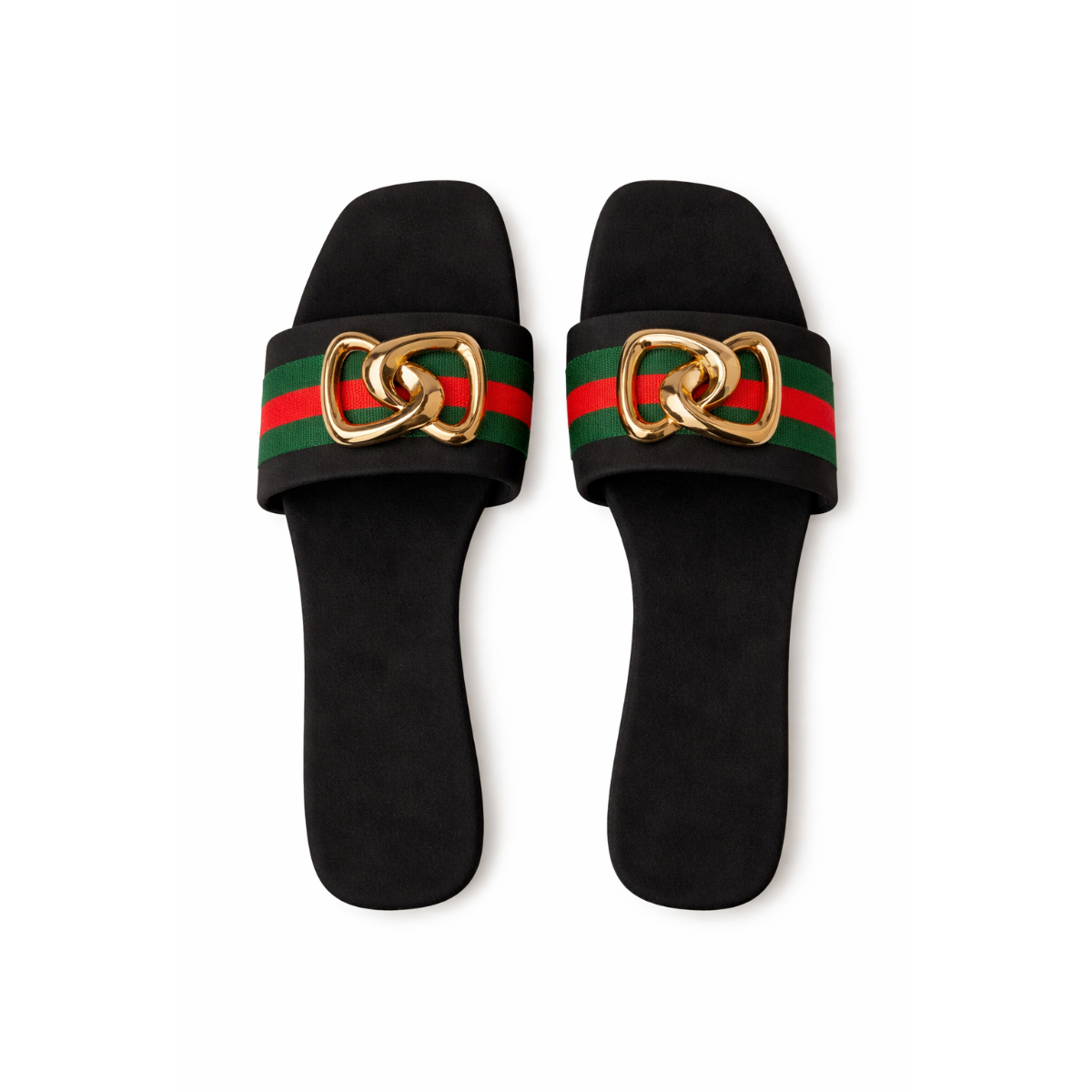 Quality Web Striped Strap Flat Slide Sandals with Metal Accent