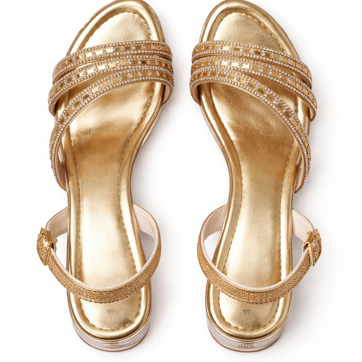 Gold Rhinestone Strappy Block Heel Sandals