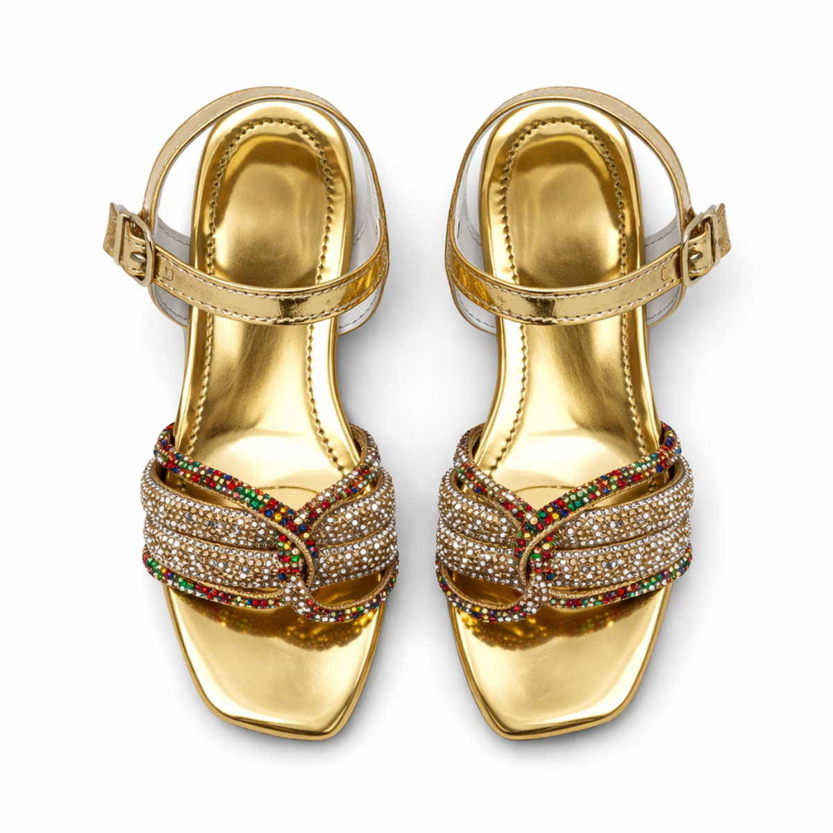Gold Rhinestone Ankle Strap Block Heel Sandals