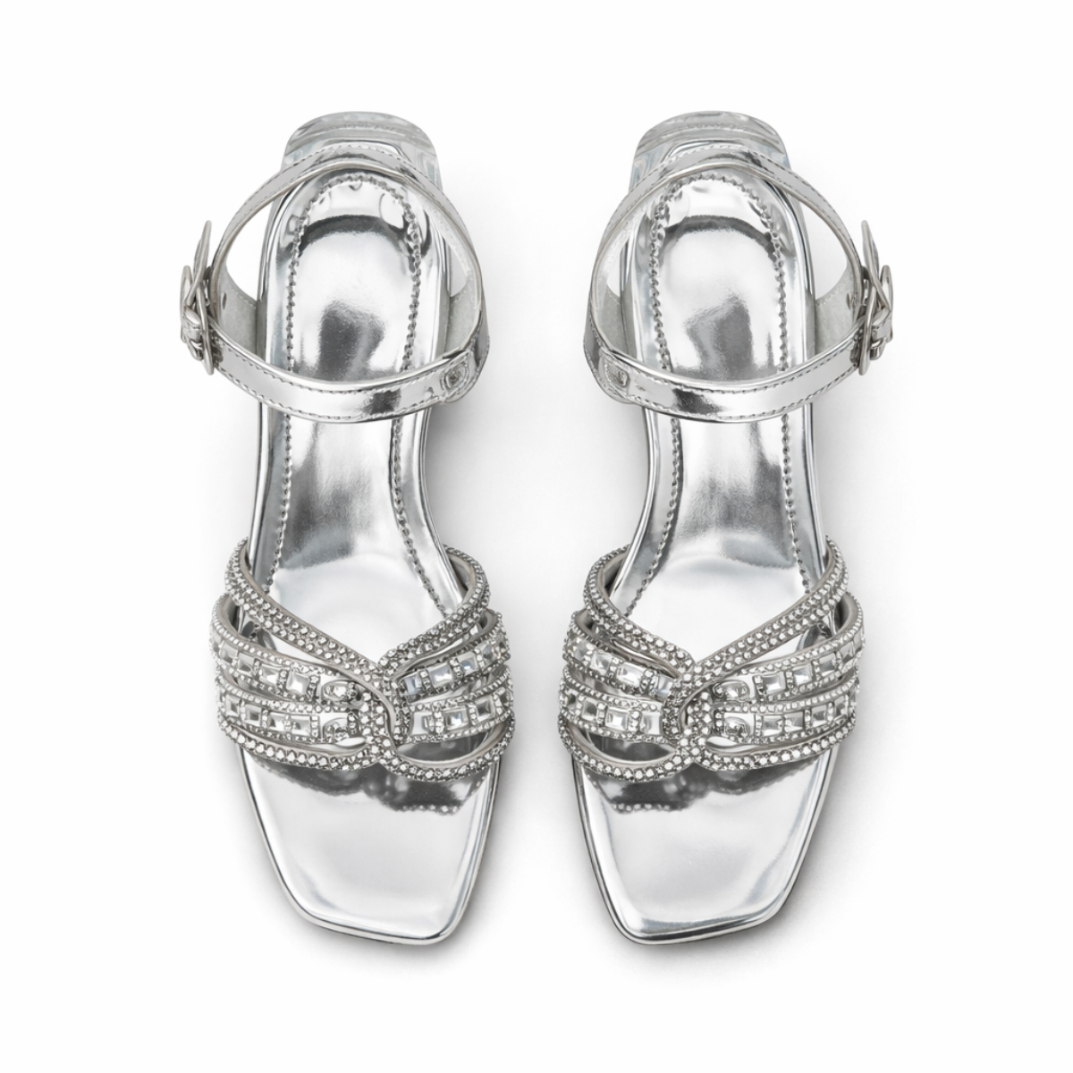 Silver Rhinestone Ankle Strap Block Heel Sandals