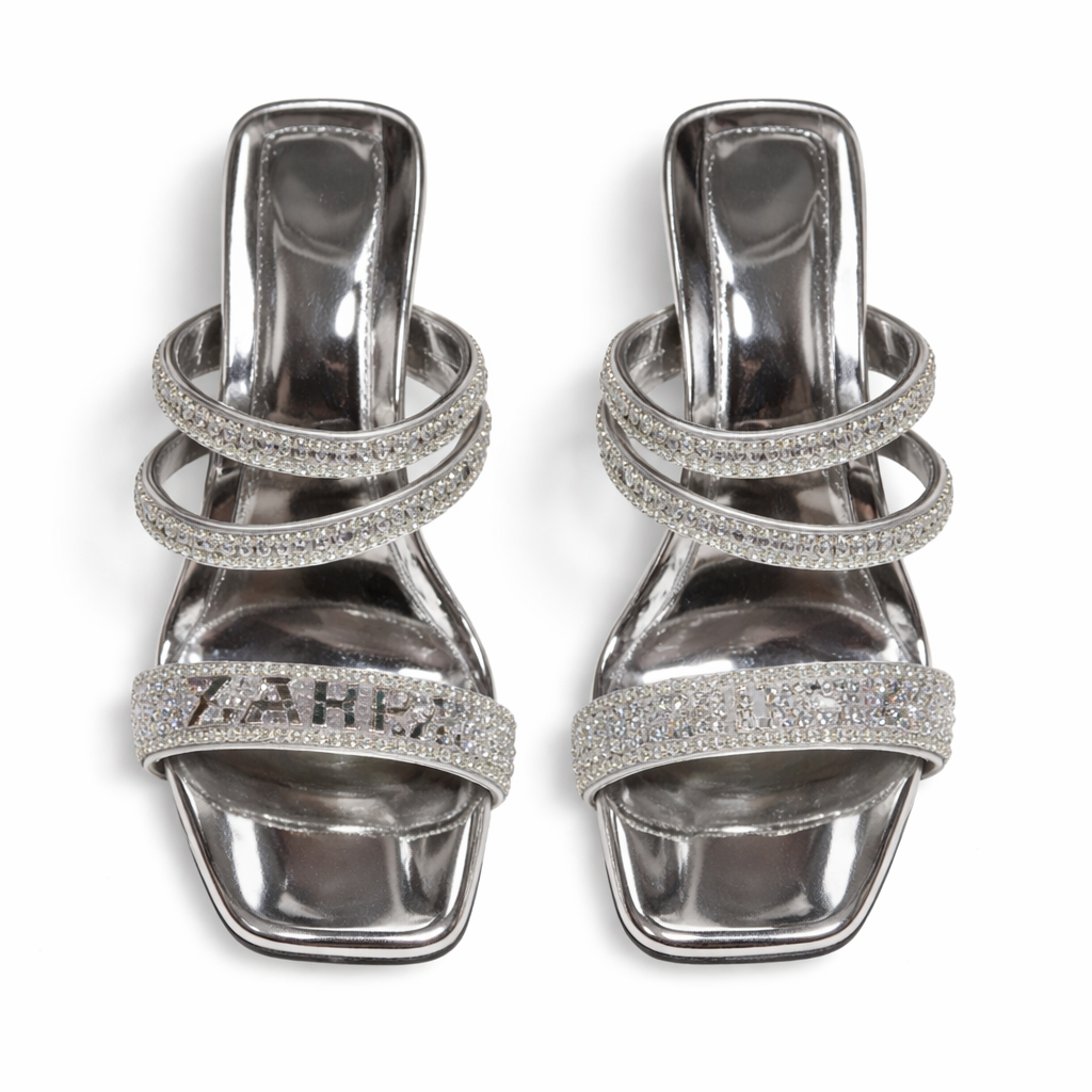 Womens sliver Strap Block Heel Sandals with Rhinestone Detail