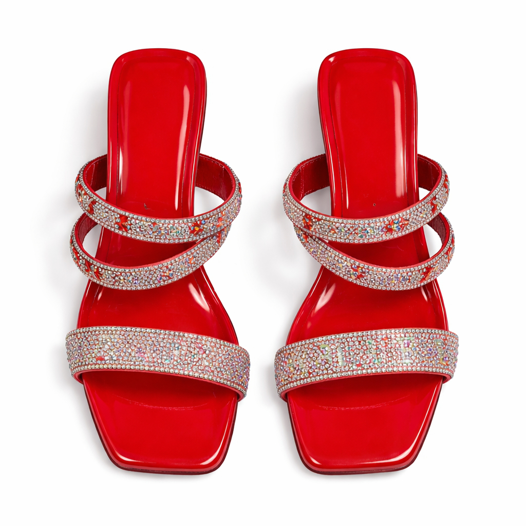 Women Red Open Toe Block Heel Sandals with glittery Rhinestone Straps