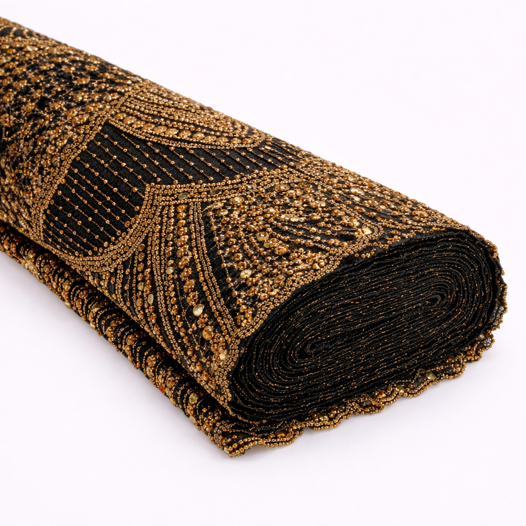 Luxury Black and Gold Hand Beaded Lace Fabric
