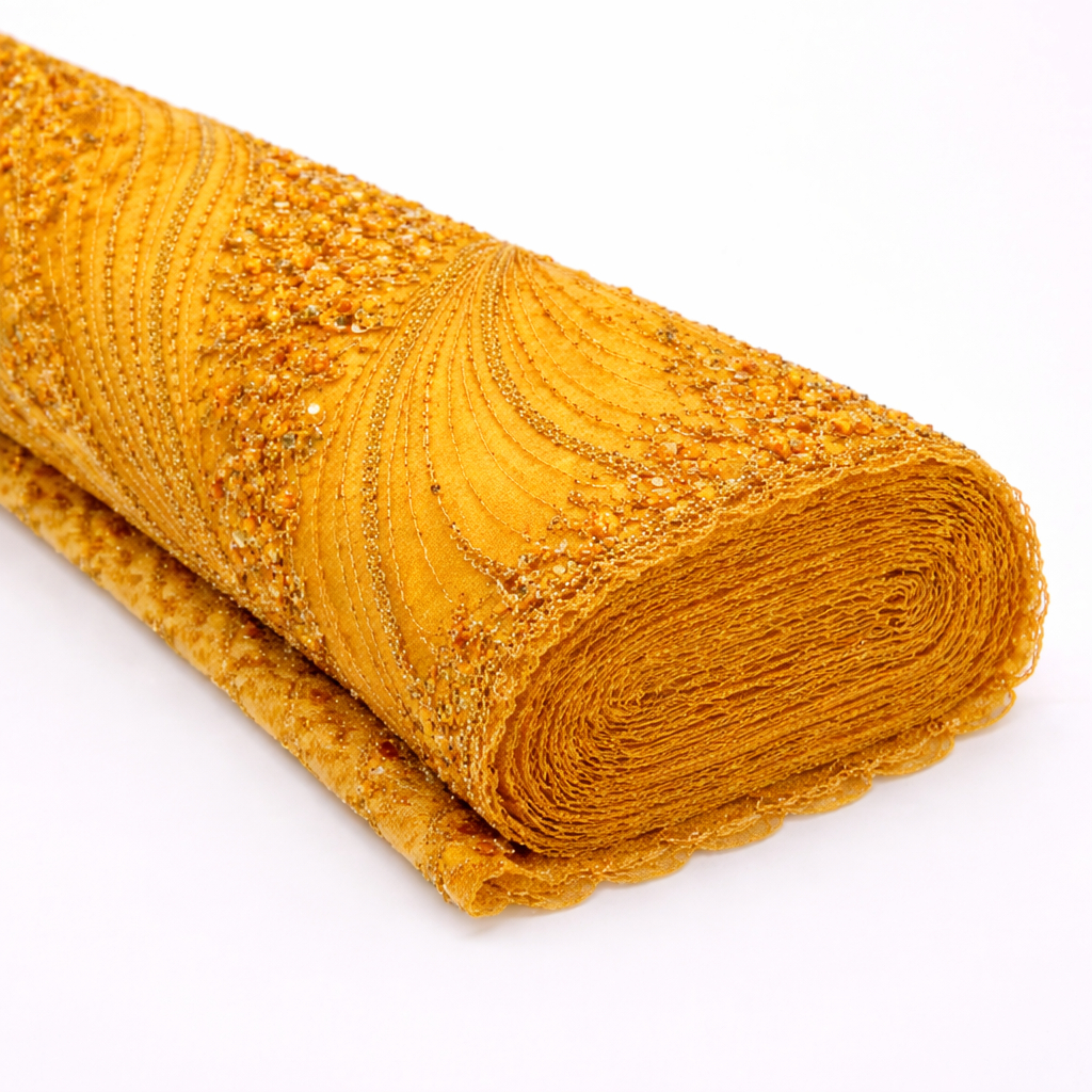 Luxury Golden Yellow Hand Beaded Lace Fabric