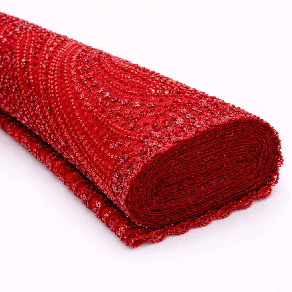 Luxury Red Hand Beaded Lace Fabric