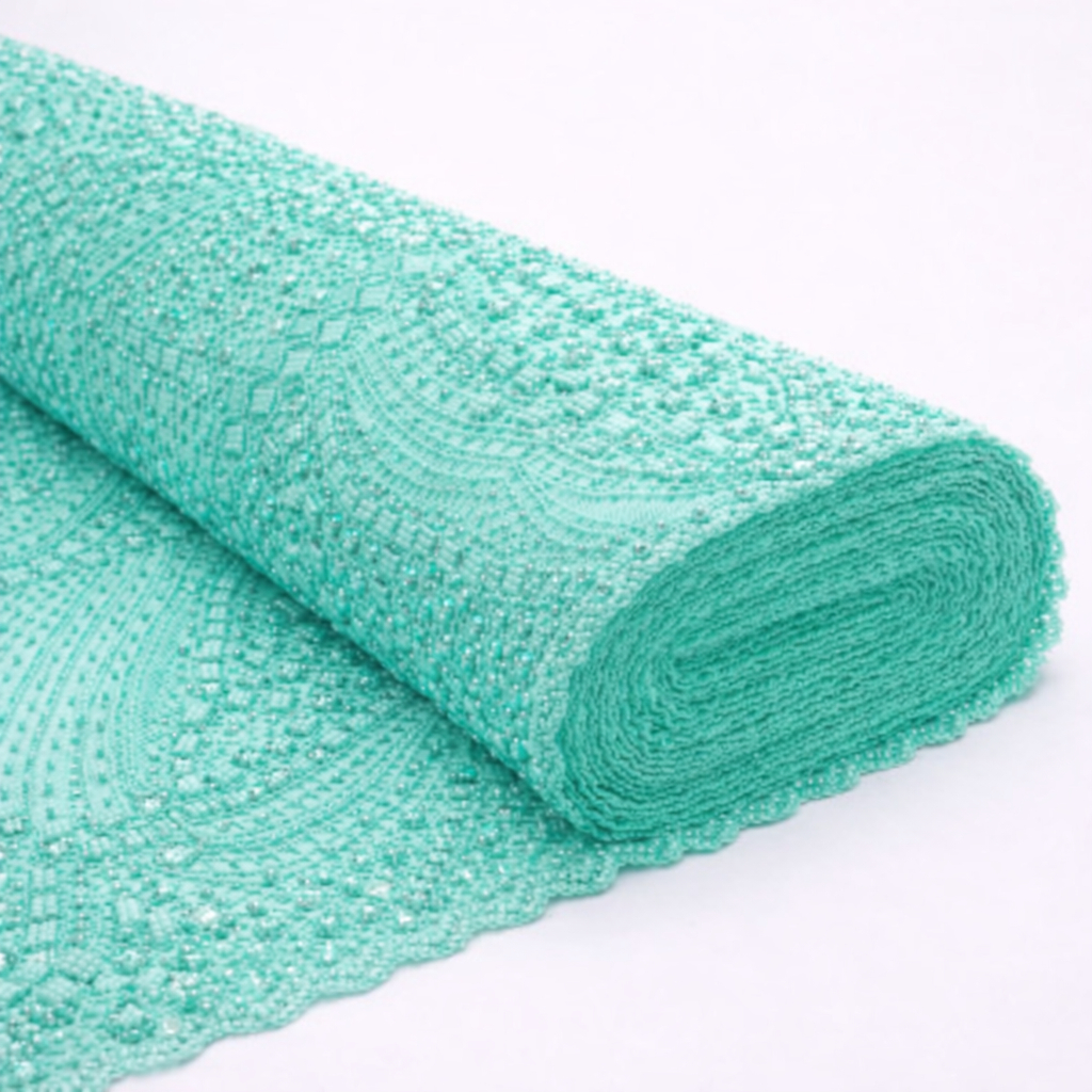 Luxury Aqua Blue Hand Beaded Lace Fabric